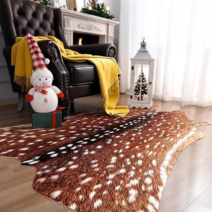AROGAN Premium Deer Print Rug 5.2x6.2 Feet, Machine Washable Faux Fur Rug, Non-Slip Animal Print Hide Deer Skin Area Rug for Bedroom Living Room Home Decor