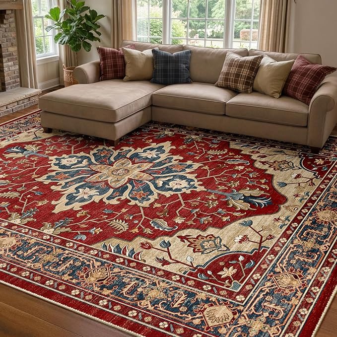 RELEANY Area Rugs 8'x10' Washable Non-Slip, Floral Vintage Distress Print Pattern Medallion Carpet for Living Room Bedroom Dining Room, Red Blue