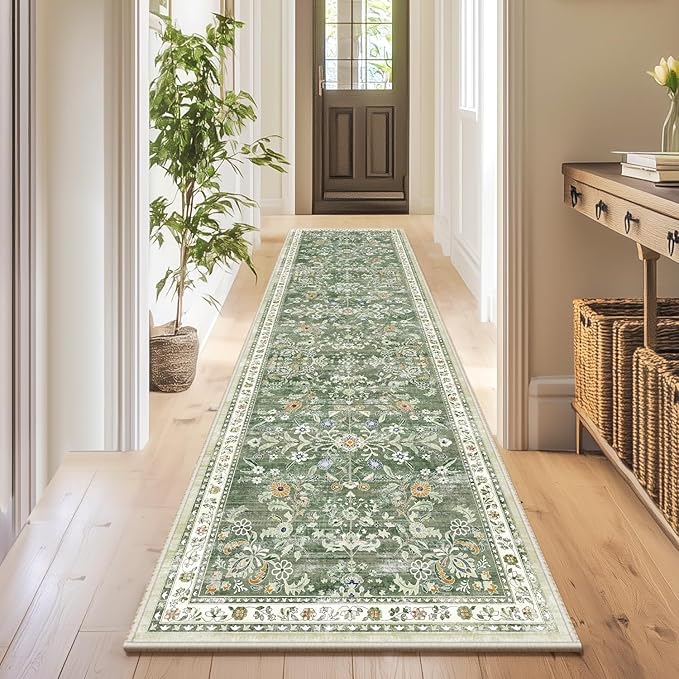 Yamaziot Washable Runner Rug 2x8 – Non Slip Boho Floral Hallway Runner Rug with Rubber Backing, Low Pile Wool Distressed Carpet for Kitchen, Laundry, Bedroom, Entrance, Mottled Green