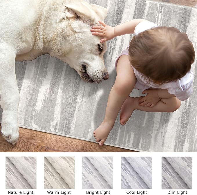Lansny Modern Abstract Entryway Rug Indoor 2x3 Neutral Washable Non-Slip Soft Small Area Rug Light Beige and Grey Kitchen Mat Thin Print Faux Wool Floor Carpet for Entrance Bedroom
