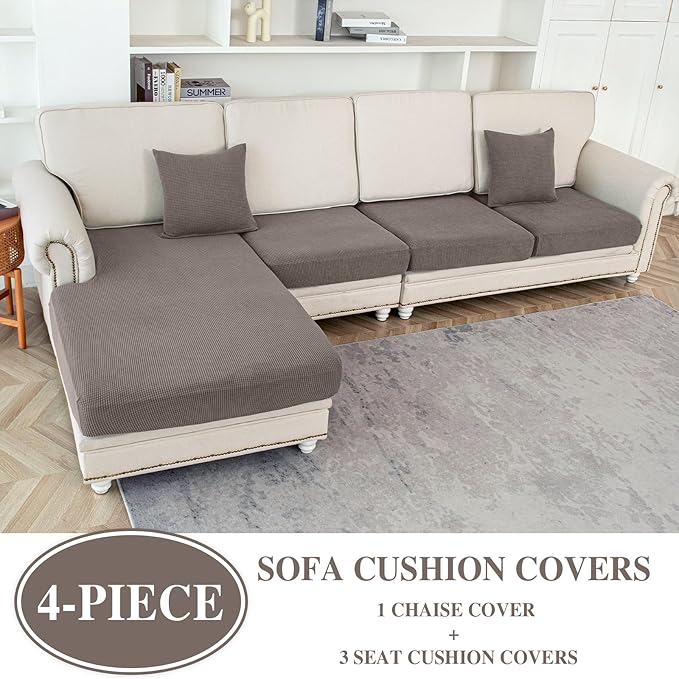 Couch Cushion Covers for Sectional Sofa L Shape Washable Separate Seat Chaise Couch Cover Stretch Sofa Slipcovers with 2 Pcs Pillowcases(3 Seater + 1 Chaise, Taupe)