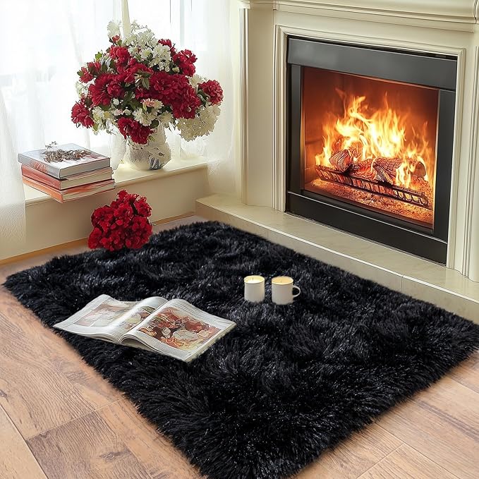 Pionblank Fluffy Small Rug for Bedroom 2x3 Feet, Shag Soft Area Rug, Modern Plush Carpet, Furry Cute Bedside Rug for Kids Girls Boys Room Nursery Decor, Black