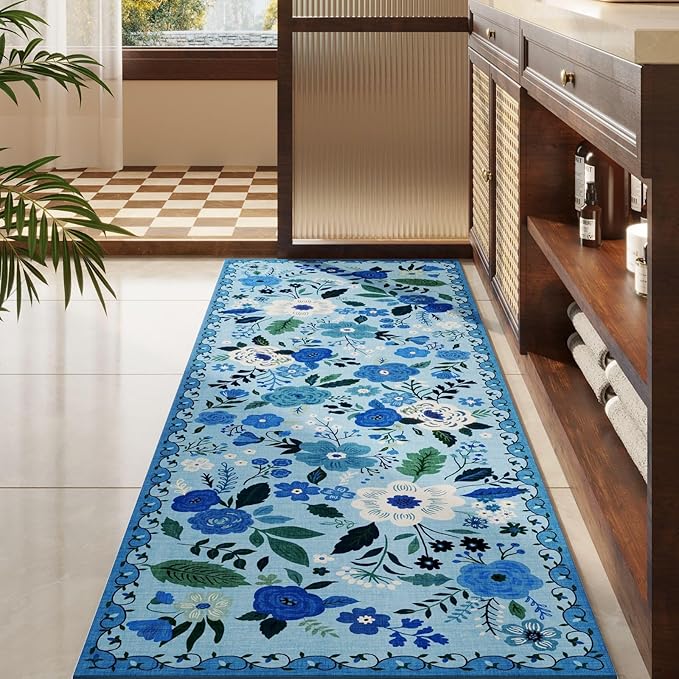 Rugcomf 2x5 Rug Runner - Floral Machine Washable Kitchen Rug, Non-Slip Low Pile Boho Carpet for Hallways, Laundry, Entryway, Bedroom, Bathroom - Black