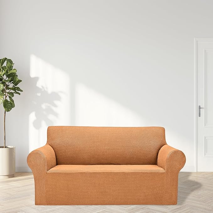 Cupuamon 2026 New Stretch Loveseat Sofa Slipcovers Couch Cover for 2 Cushion Furniture Protector Sofa Covers with Elastic Bottom Jacquard Fabric Small Checks for Pets, Kids - Golden