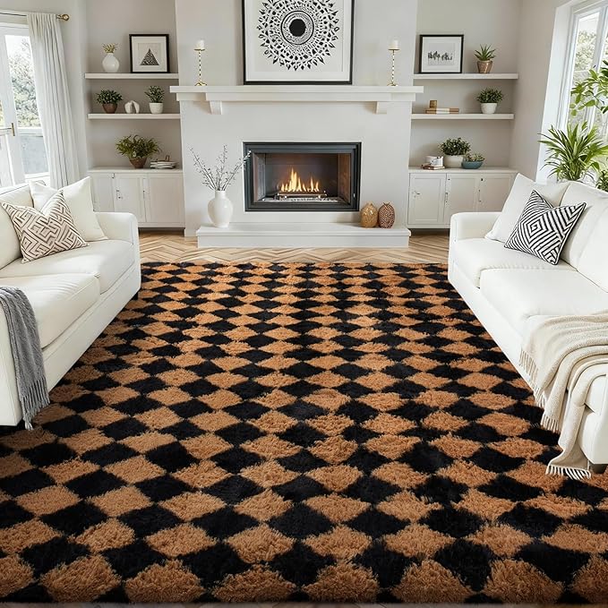 Ophanie Checkered Black & Beige Rhombus Rugs for Living Room Bedroom, Fluffy Soft Fuzzy Area Rugs, Plush Shaggy Bedside Floor 8x10 Furry Carpet for Kids Baby Teen Dorm Nursery Home Decor Aesthetic