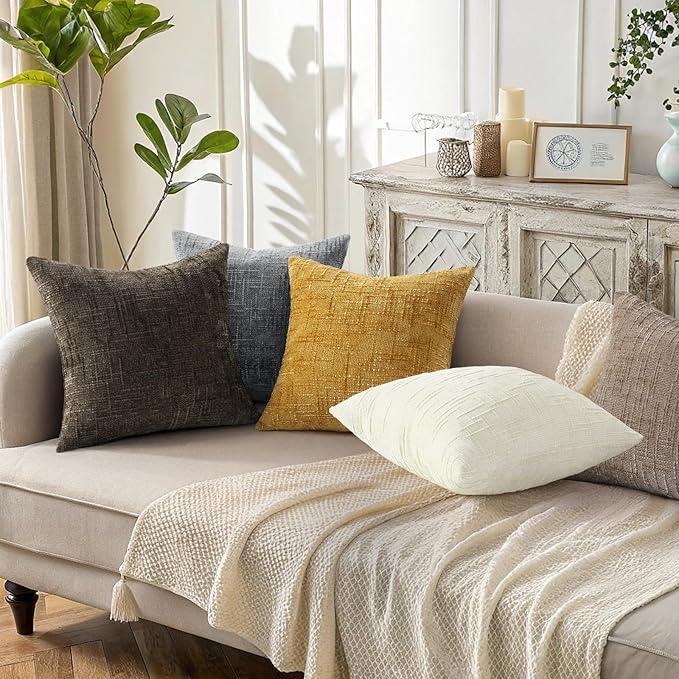 decorUhome Summer Cream White Chenille Throw Pillow Covers 16x16 Set of 2 Textured Soft Cozy Slubby Couch Pillow Covers Modern Farmhouse Boho Decorative Pillow Cases for Bed Sofa Living Room