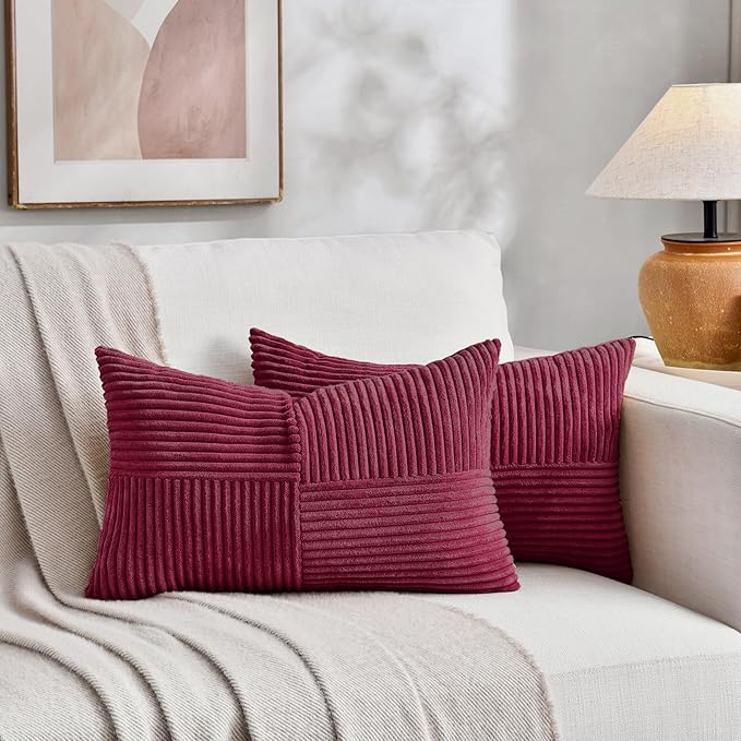 Fancy Homi 2 Packs Burgundy Lumbar Decorative Throw Pillow Covers 16x26 Inch for Couch Bed Sofa, Rustic Farmhouse Boho Spring Home Decor, Soft Striped Corduroy Rectangle Accent Cushion Case