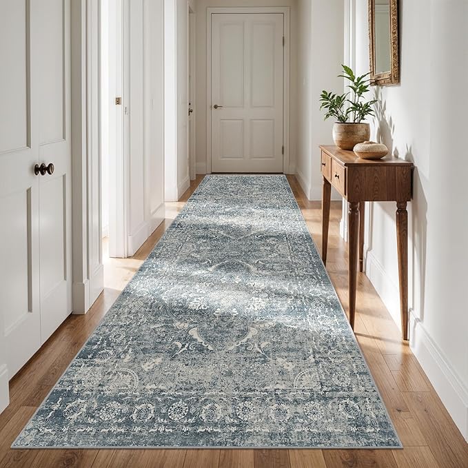 4x12 Washable Hallway Runner Rug - Wide Kitchen Runners Vintage Low Pile Carpet Soft Thin Floor Runner with Rubber Backing for Entryway Bedroom Living Room Home Decor (Blue)