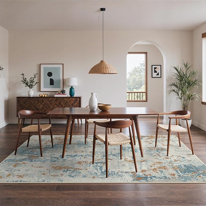 Area Rugs 8x10 for Living Room Bedroom, Modern Abstract Machine Washable Rug, Large Soft Low Pile Floor Carpet with Non Slip Backing for Dining Room, Teal and Terracotta