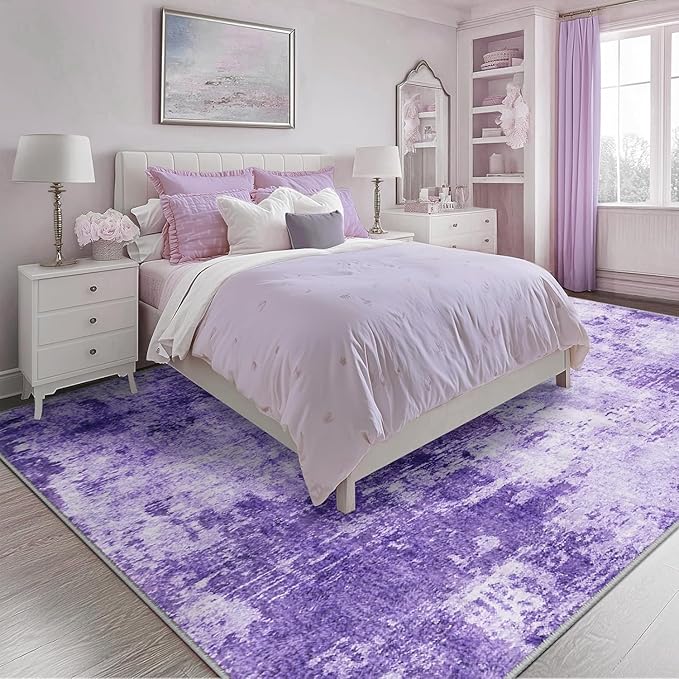 Washable Area Rugs 10'x14 Non-Slip Modern Abstract Soft for Living Room Entryway Bedroom Nursery, Print Pattern, Purple Gray Pink White