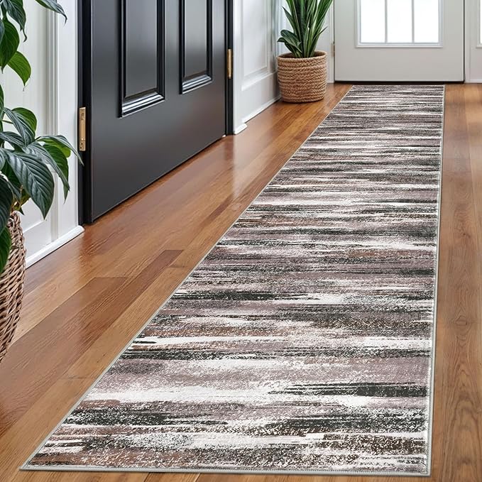 Lansny Modern Abstract Runner Rug 2x10, Dark Light Brown White Washable Long Kitchen Runner Non-Slip Soft Hallway Rug Runner Thin Print Faux Wool Carpet for Entryway Bedroom Laundry Room Indoor