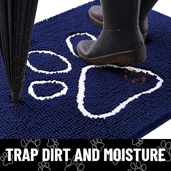 Smiry Dog Door Mat for Muddy Paws, Absorbent Dirt Trapper Non Slip Quick Dry Washable Chenille Mat for Mud Dogs, Entry Rug for Indoor and Outdoor (59x24 Inches, Navy Blue and White)