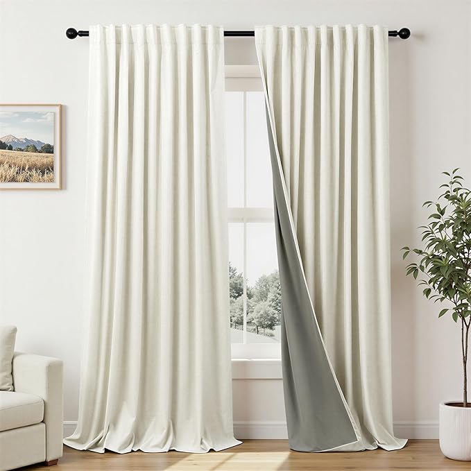 Extra Wide Room Darkening 90 Inch Curtains 2 Panels for Living Room Ivory Cream Colored Linen Blackout Curtain for Bedroom Windows 120 to 140 Privacy Thermal Window Drapes Back Tab Pocket 70x90 Long