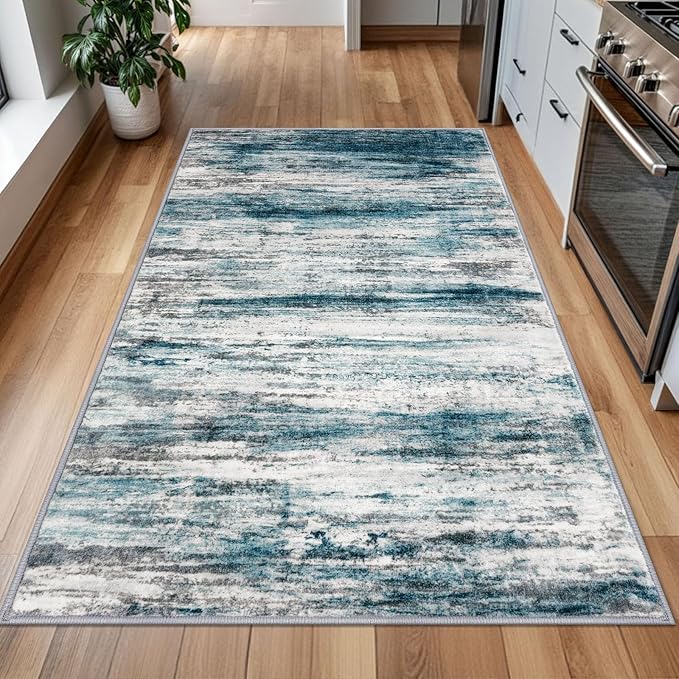 KOZYFLY 4x6 Area Rug Modern Abstract Washable Large Entryway Rug Non-Slip Soft Living Room Rugs, Print Blue Throw Rugs Indoor Mat for High-Traffic Door Entrance, Laundry, Nursery, Bedroom