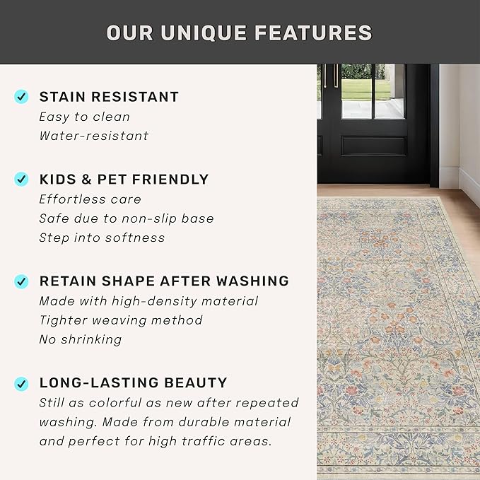 Vintage Washable Beige Blue 10x14 Rug for Living Room - Extra Large Area Rug for Dining Room Under Table, Bedroom - Botanical Floral Design with Purple Red Accent, Non-Slip Lightweight Soft Low Pile