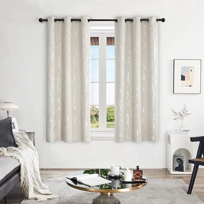Deconovo Short Kitchen Curtains, Room Darkening Curtain Beige, Thermal Insulated Soundproof Drapes, Silver Branch Print, 42 x 54 Inch, Machine Washable Window Panels for Living Room Office, Set of 2