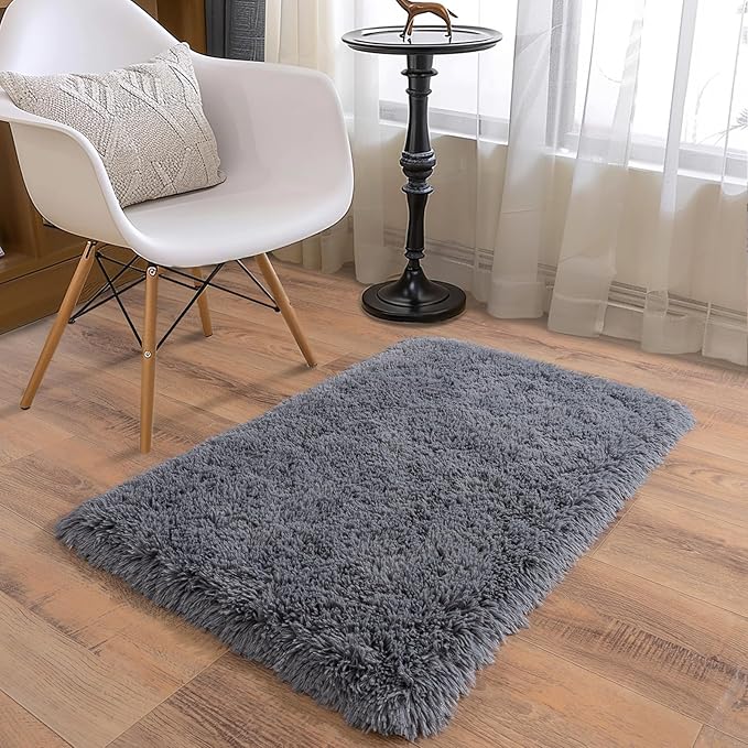 Ultra Soft Runner Rugs for Bedroom Hallways with Upgraded Non-Slip Rubber Backing & Thick Memory Sponge, 2 Packs 2x3 Feet Fluffy Shag Throw Area Rug for Bedside Dorm Dark Grey