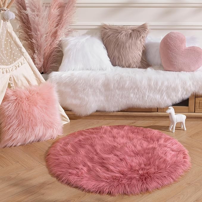 Ashler Faux Fur Rug, Fluffy Shaggy Area Rug, Ultra Soft 3 x 3 Feet Sheepskin Fur, Blush Pink Fuzzy Machine Washable Shag, Nursery Decor Throw for Bedroom, Living Room, Kids Room