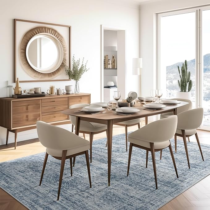 Washable Area Rug 8x10, Large Soft Rugs for Living Room Vintage Blue 8x10 Area Rugs for Bedroom Dining Room Non-Slip Stain Resistant Under Table Rug
