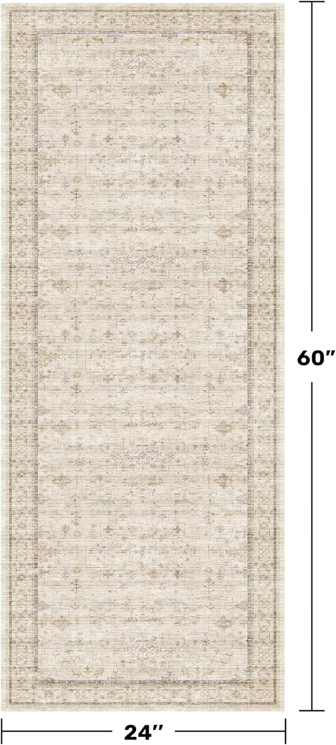 Cream 2x5 Runner Rugs for Bathroom Floor, Geometric Floral Throw Rugs Washable for Entryway, Kitchen, Bedroom, Laundry Room Beige Farmhouse Modern Neutral Home Décor, Low Pile Soft Non Slip Carpet