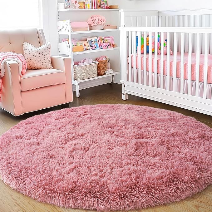 3'x3' Blush Round Rugs for Girls Bedroom, Ultra Soft Fluffy Circle Rug for Kids Room, Cute Small Shag Rugs for Living Room Playroom Tent Castle Home Decor Rug