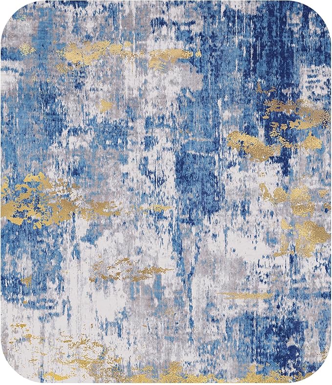 Washable Area Rugs 6'x8' Non-Slip Modern Abstract Soft for Living Room Entryway Bedroom Nursery, Print Pattern, Grey Blue Gold/Golden