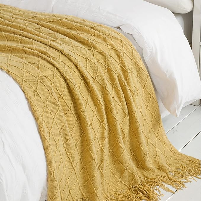 BOURINA Mustard Throw Blanket 50x60 Inches Throw Textured Solid Soft Sofa Couch Decorative Knit Blanket
