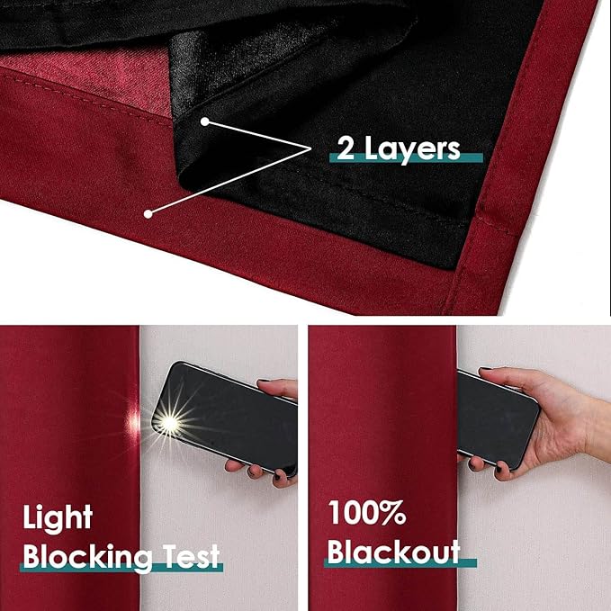 ChrisDowa 100% Blackout Curtains for Bedroom with Black Liner, 2 Thick Layers Total Blackout Thermal Insulated Grommet Window Curtains 2 Panels Set (Burgundy, 52 x 54 Inch)