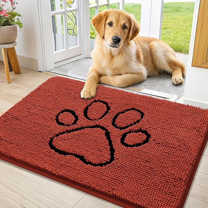 Smiry Dog Door Mat for Muddy Paws, Absorbent Dirt Trapper Non Slip Quick Dry Washable Chenille Mat for Mud Dogs, Entry Rug for Indoor and Outdoor (36x24 Inches, Maple Red and Black)