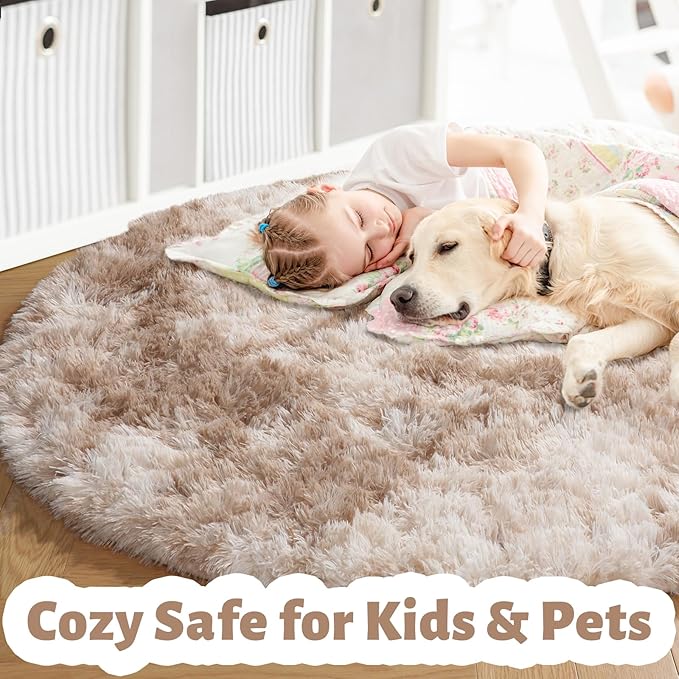 Amdrebio Tie-Dyed Beige Tan Round Circle Area Rug 5Ft for Bedroom, Fluffy Plush Shag Furry Rugs for Kids Room, Living Room Decor Aesthetic, Cute Fuzzy Neutral Carpet for Baby Nursery Playroom Dorm