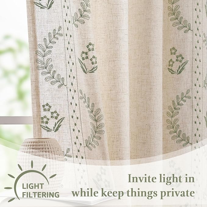 jinchan Belrose Linen Floral Kitchen Curtains 36 inch Length Embroidered Farmhouse Cafe Curtains for Living Room Bathroom Small Windows Curtain Set Sheer Light Filtering 2 Panels Sage Green