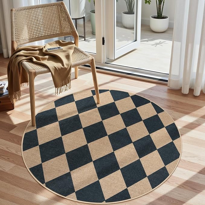 Lahome Colette Checkered Round Entryway Rug 4ft, Circle Indoor Outdoor Patio Rug Washable Farmhouse Easy Jute Kitchen Rugs, Contemporary Non Slip Round Carpet for Bedroom Front Porch