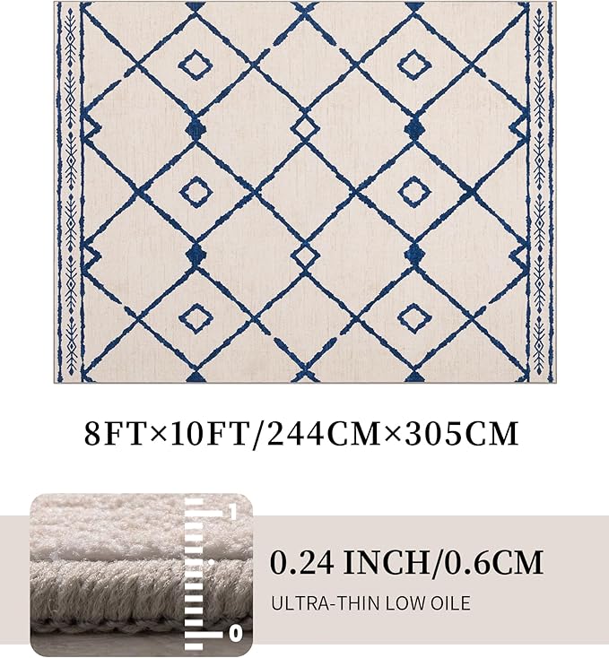 YIHOUSE Boho Rugs for Living Room, 8x10 Western Beige and Blue Area Rug, Moroccan Geometric Soft Low-Pile Washable Rugs for Bedroom, Dining Room