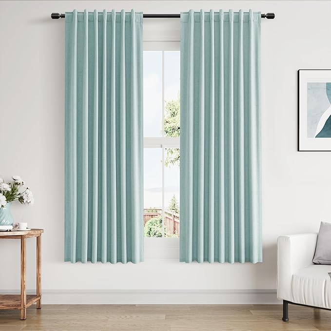 Guken 100% Blackout Linen Curtains 63 Inch Length 2 Panels Set for Living Room Bedroom Back Tab Thermal Insulated Black Out Linen Drapes Room Darkening Window Curtains,Light Blue