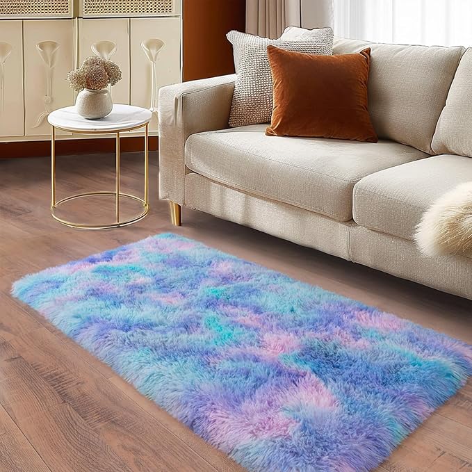 Soft Runner Rugs for Bedroom Hallways, 2x4 Purple Rainbow Fluffy Shag Throw Area Rug Non Slip for Bedside Dorm, Long Shaggy Furry Carpet for Nursery Living Room