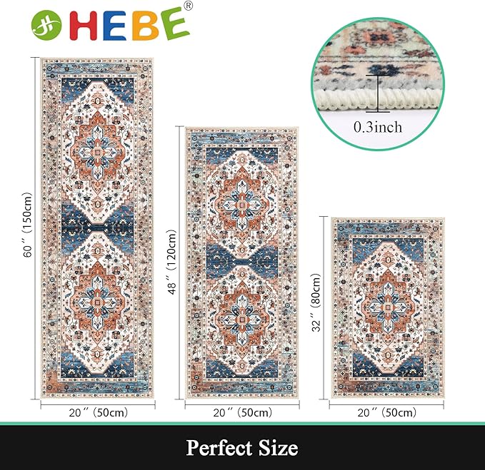 HEBE Boho Kitchen Rug Sets 3 Piece with Runner Non Slip Kitchen Rugs and Mats Washable Kitchen Mats for Floor Thick Kitchen Floor Mat Carpet Runner Rugs for Hallway Laundry Holiday Decor