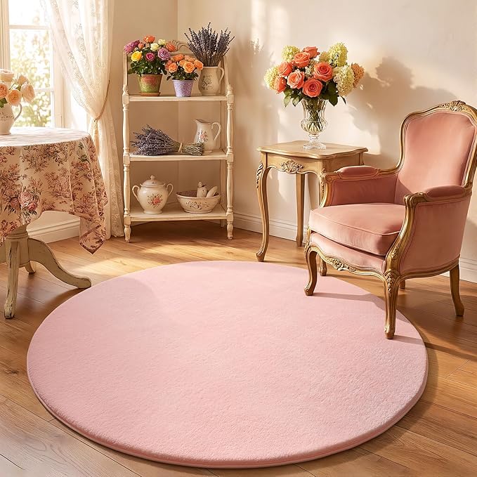 Amearea Pink Round Area Rugs 5ft Washable Circle Rugs for Bedroom Living Room, Fluffy Indoor Thickened Memory Foam Rug, Non Slip Minimalist Circular Carpet for Kids Boys Girls Dorm Nursery Room Decor