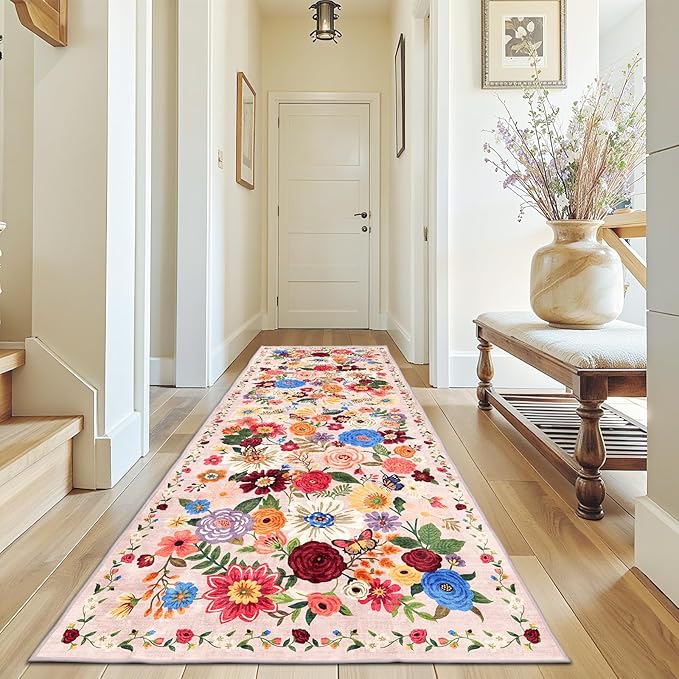 Rug for Hallways Kitchen Rug 3x7, Non Slip Washable Rugs with Rubber Backing Soft Floral Carpet Runner for Hallways, Kitchen, Laundry, Bedroom, Bathroom(3 x 7, Beige Garden)