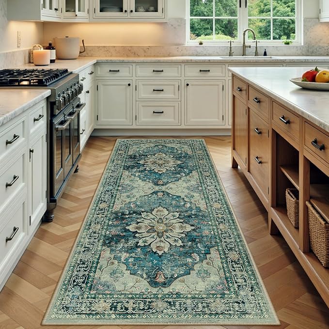 Area Rugs 3'x7' Runner Rug Non Slip Washable for Kitchen Hallway Bedroom Beside Laundry Room Bathroom Rug, Floor Carpet, Dark Blue Vintage