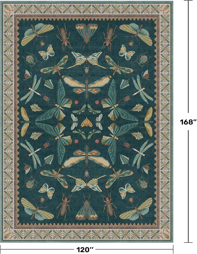 Hazo Haus Teal Green Living Room Rugs - 10x14 Large Area Rug for Dining Room, Big Bedroom, Playroom Kids, Foldable Insect Décor