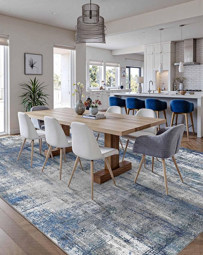 Latte&Fog 6x9 Area Rugs for Living Room Bedroom, Blue Modern Abstract Neutral Washable Rug, Boho Non Slip Low Pile Carpet for Dining Room, Dorm,College Dorm and Farmhouse -Blue Grey