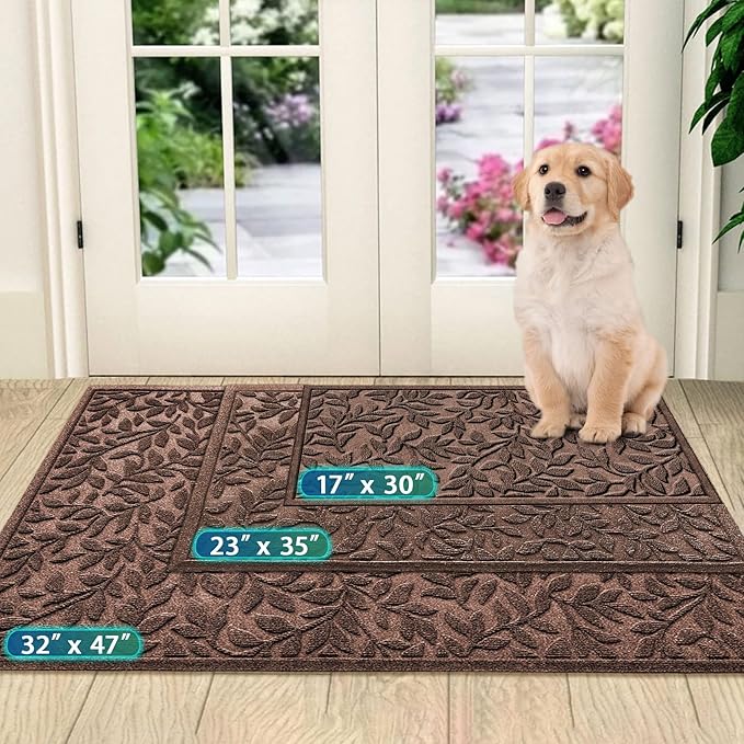 Bulijojo Sturdy Front Entrance Doormats,Durable Heavy Duty Welcome Mat,Thick Absorbent Natural Rubber Non Slip Mat,Easy Clean Entryway Mat 17x30 Inch Leaves Brown