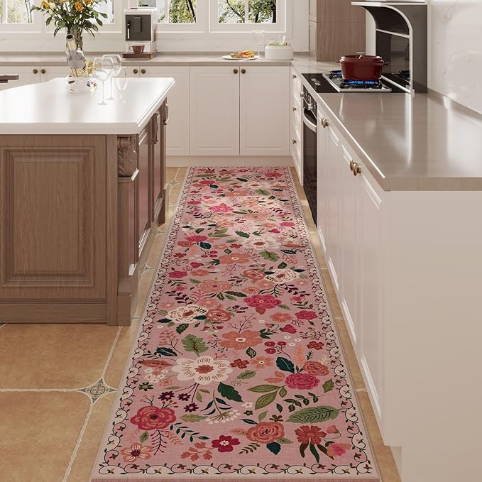 Rugcomf Long Hallway Runner Rug 2'7"x14' - Floral Washable Non Slip Boho Carpet for Kitchen, Entryway, Hall, Bathroom - Pink