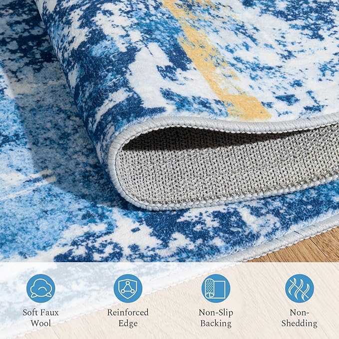 Rugflix 8x10 Area Rugs for Living Room, Washable Large Rug Stain-Resistant Low Pile, Modern Carpet for Dining Room Home Office Kid Room Nursery Bedroom, Blue Gold