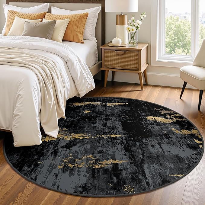 Washable Area Rugs 4ft Non-Slip Modern Abstract Soft for Living Room Entryway Bedroom Nursery, Print Pattern, Dark Black Gold
