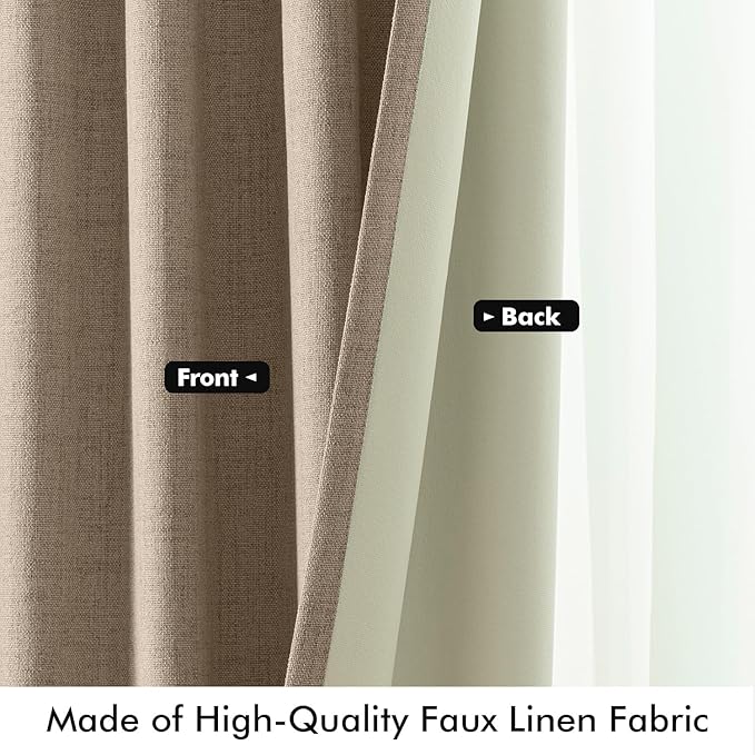 MIULEE 100% Blackout Linen Curtains for Bedroom, Brown Solid Luxury Decor Thermal Insulation Room Darkening Drapes for Living Room Nursery Back Tab Rod Pocket 42 x 63 Inches, 2 Panels