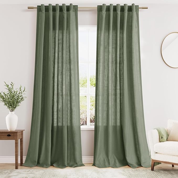 Olive Green Linen Textured 96 Inch Curtains 2 Panel Set Back Tab Rod Pocket Sheer Light Filtering Boho Room Decor Aesthetic Curtains Burlap Look Curtain Drapes for Living Room Bedroom 40x96 Inch