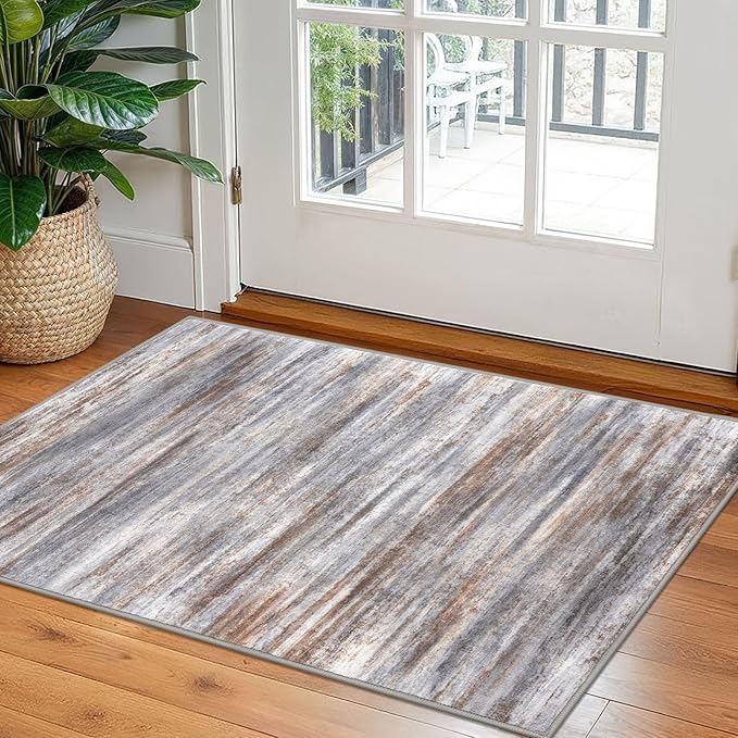 KOZYFLY Modern Abstract Small Area Rugs 2x3, Washable Kitchen Rug Non-Slip Soft Small Bathroom Rug, Grey Brown Striped Entryway Rugs Print Faux Wool Doormat for Bedside Entrance Bedroom Sink