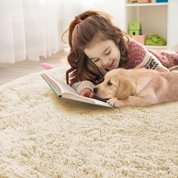OLANLY Cream Round Rugs for Bedroom - Machine Washable, 5 ft Circle Area Rugs for Living Room, Soft and Fluffy Shaggy Carpet for Teen Girl and Boys, Nursery Rooms, Dorms, Home Decor Aesthetic