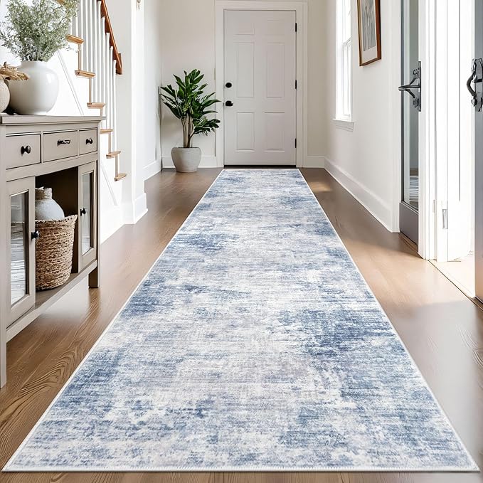 IOHOUZE Abstract Runner Rug 3x14 Ft Washable Runners for Hallways, Non Slip Kitchen Runner Printed Faux Wool Entryway Runner Indoor, Modern Abstract Floor Carpet for Hall Stair, Light Blue Grey